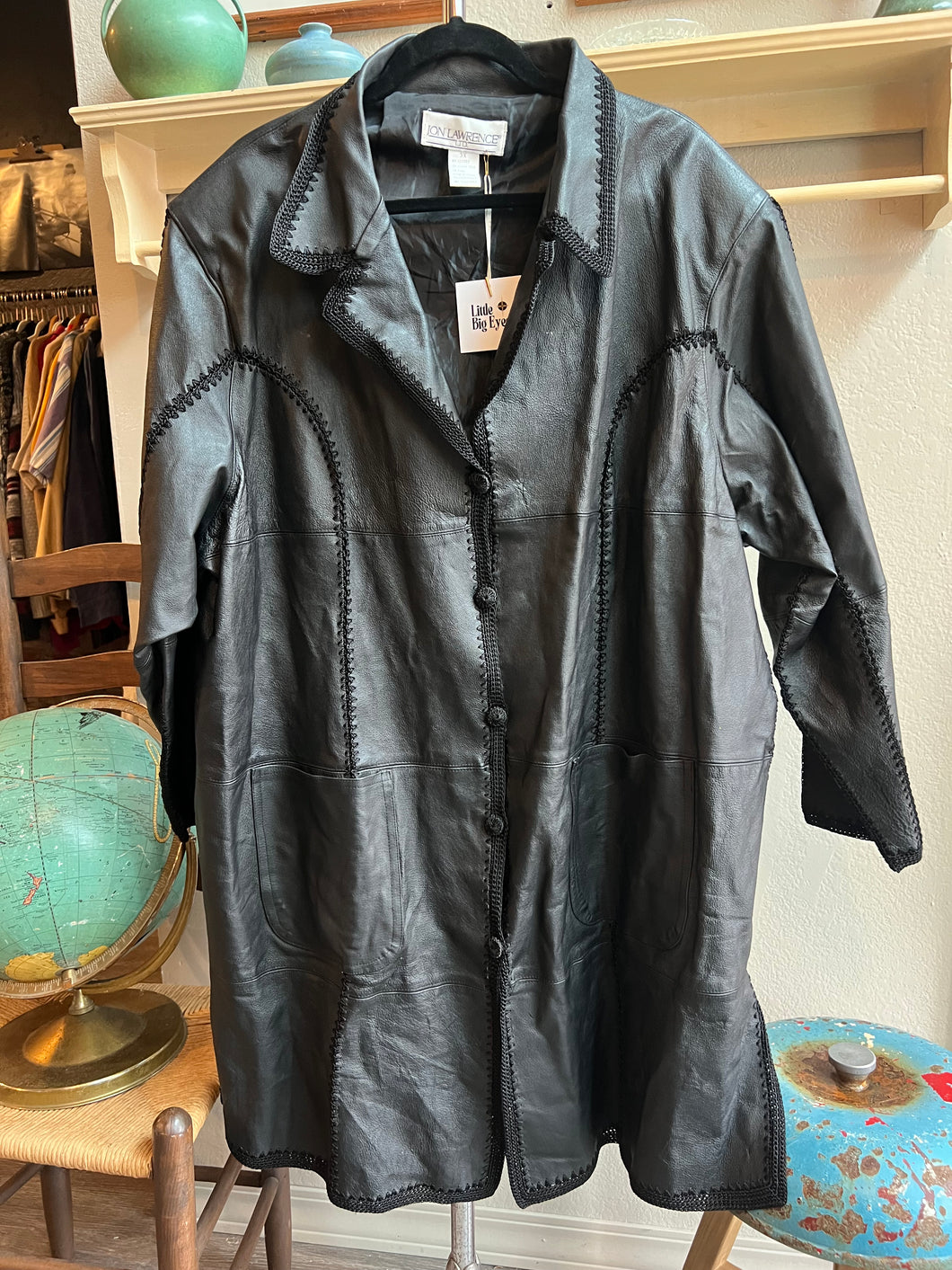 Black Leather Coat with Knit Trim Detail