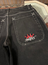 Load image into Gallery viewer, 90s/Y2K Red Crown Black Denim JNCO Jeans