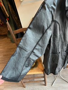 Black Leather Coat with Knit Trim Detail