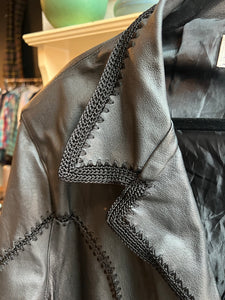 Black Leather Coat with Knit Trim Detail