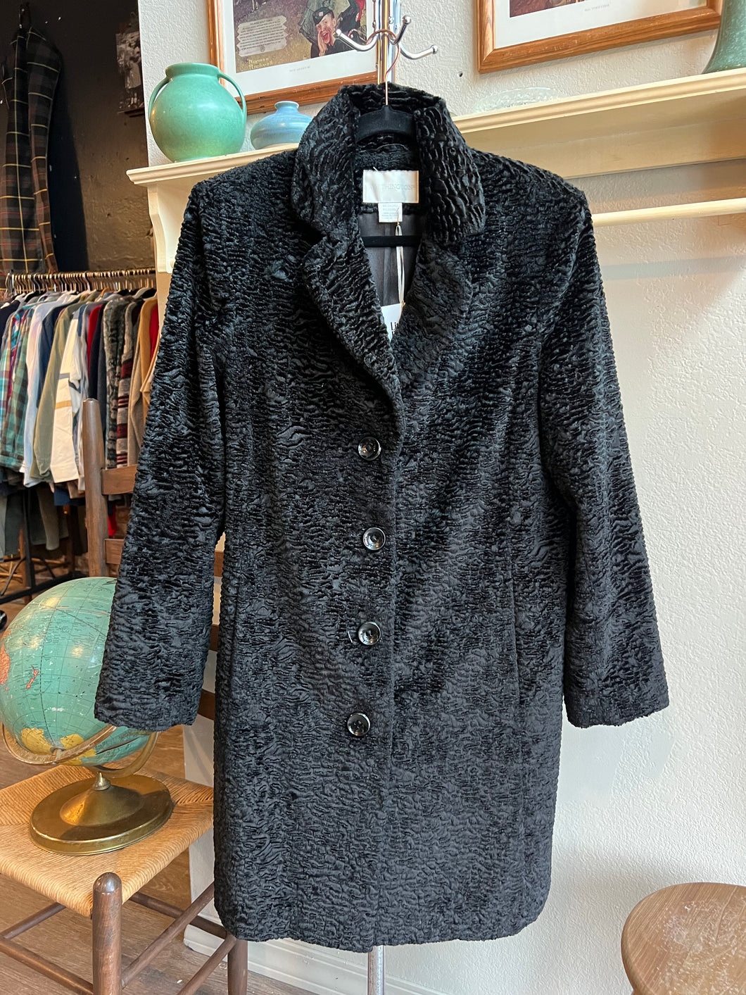Faux Black Persian Lamb Fur Coat Button Front Collared